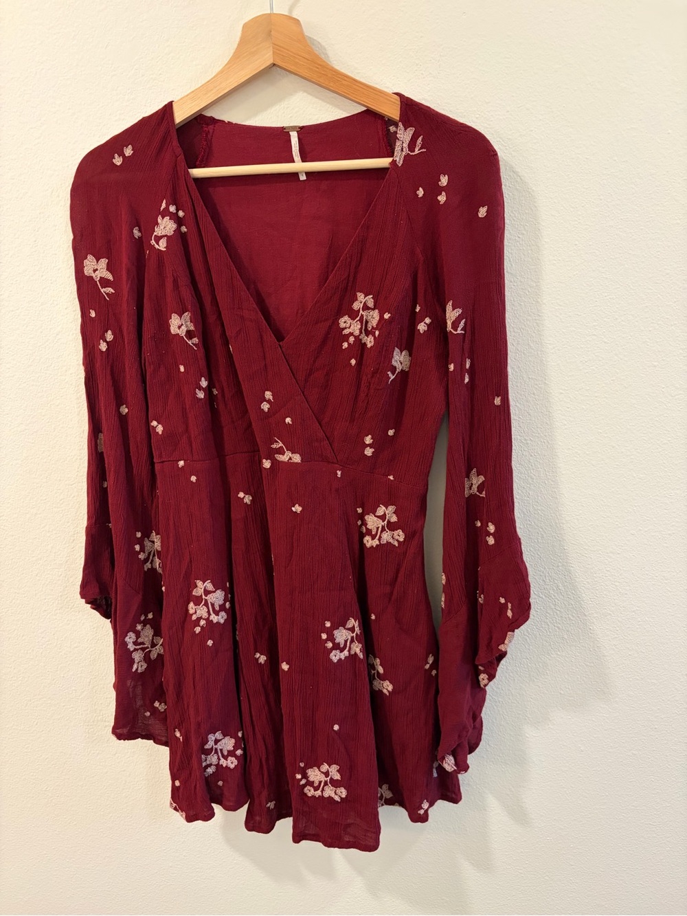 Free People Burgundy Floral Long-Sleeve V-Neck Dress